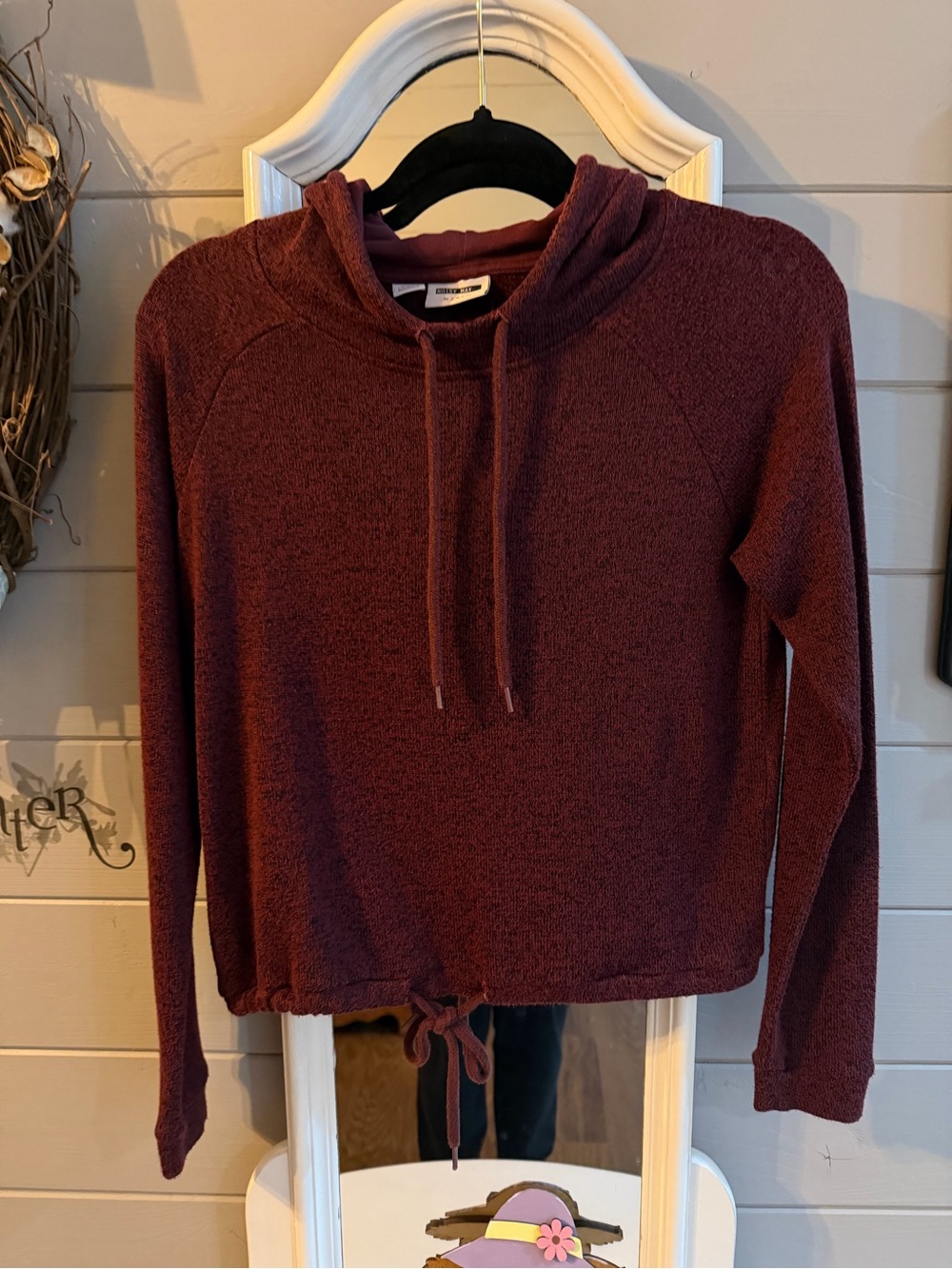 Noisy May Burgundy Hooded Knit Sweatshirt with Drawstring